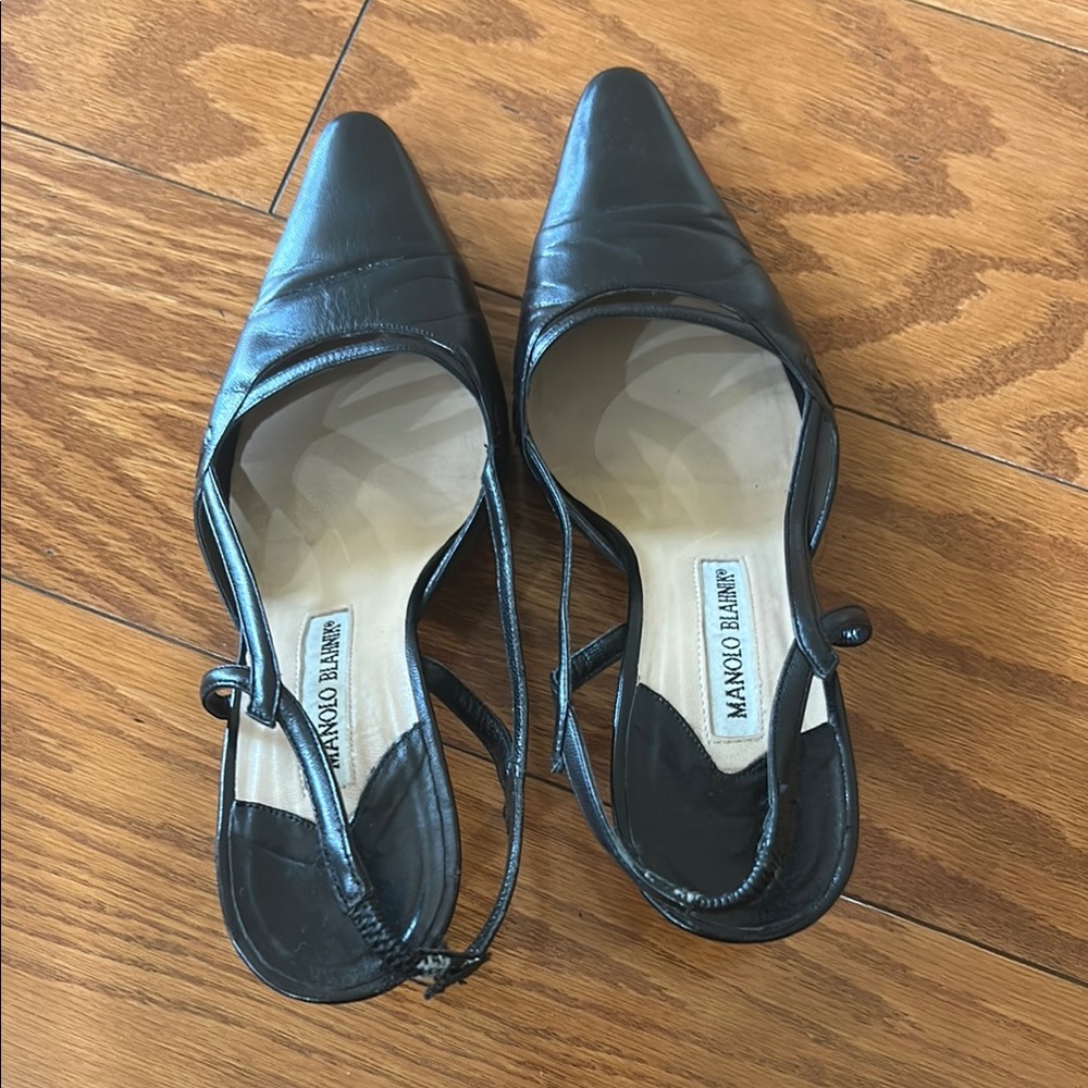 Manolo Blahnik Black Leather Women's Shoes. It’s 3 inches high.